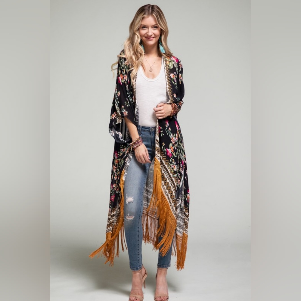 Bohemian Floral Print Kimono / Duster - Fine Golden Fringe Tassels - Side Slits - Picture 7 of 14